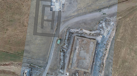 Ein provisorischer Rekonstruktionsvorschlag des Tempelgrundrisses, den ein archäologisches Forschungsteam in der etruskischen Stadt Vulci entdeckt hat.