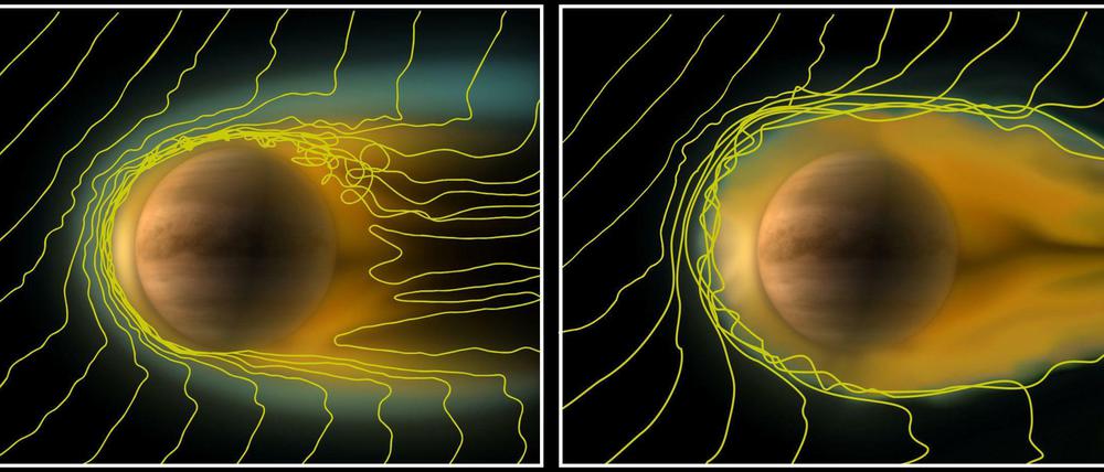 Unter normalen Bedingungen umgibt die Ionosphäre die Venus in 150 bis 300 Kilometern Höhe. Bei sehr schwachem Sonnenwind verändern sich die Magnetfelder (angedeutet durch gelbe Linien) und die Ionosphäre dehnt sich aus. An der sonnenabgewandten Seite entsteht dadurch eine Art Plasmaschweif.